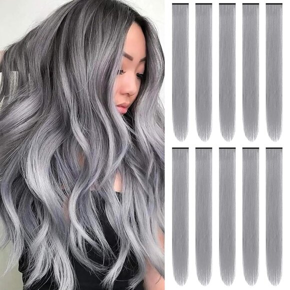 22" Colored Hair Extensions 10 PCS-Gray - Picture 1 of 6